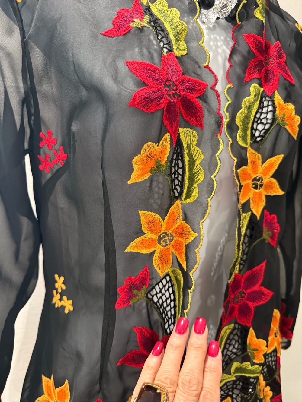 Embroidered Black Floral Sheer Jacket - Red & Yellow - Picture 2 of 4